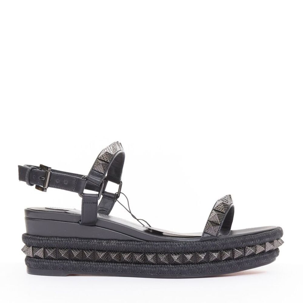 CHRISTIAN LOUBOUTIN Pyraclou 60 black leather spikes platform wedges EU37